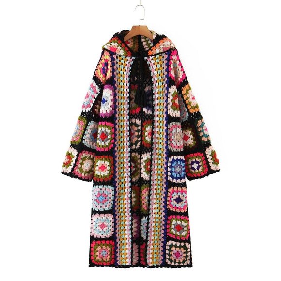 Other - Bohemia Colored Plaid Flower Granny Square Hand Crochet Hooded Sweater Long Card